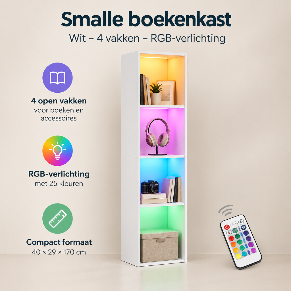 Overzicht van smalle boekenkast met de belangrijkste productvoordelen