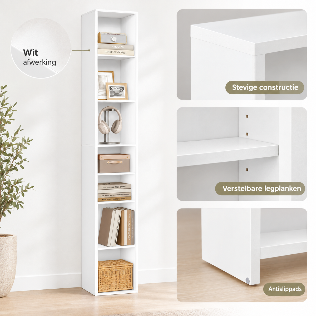 Detail van materiaal en afwerking van smalle boekenkast wit