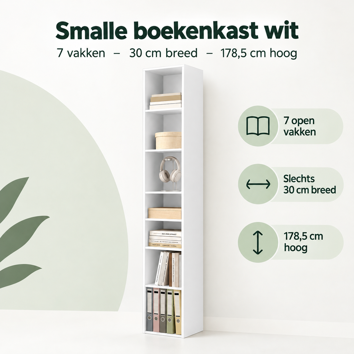 Overzicht van smalle boekenkast wit met de belangrijkste productvoordelen