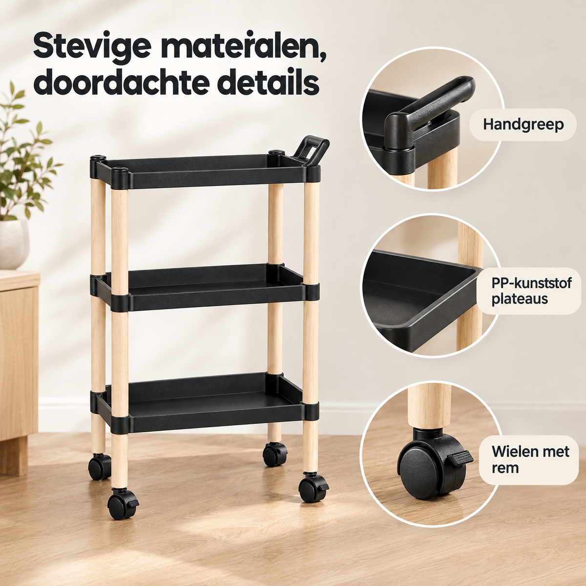 Detail van materiaal en afwerking van smalle keukentrolley