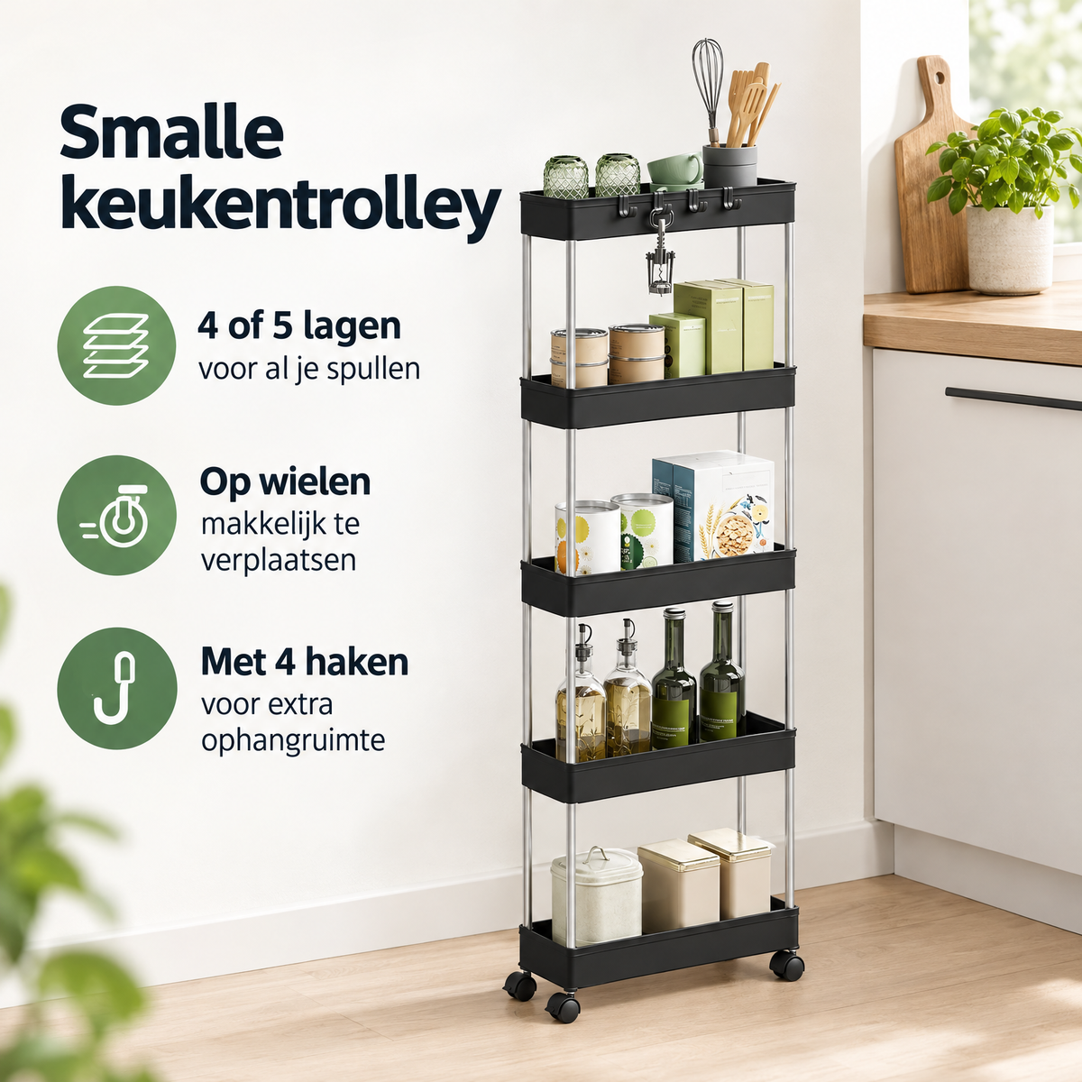Praktische toepassing en keuzehulp voor smalle keukentrolley