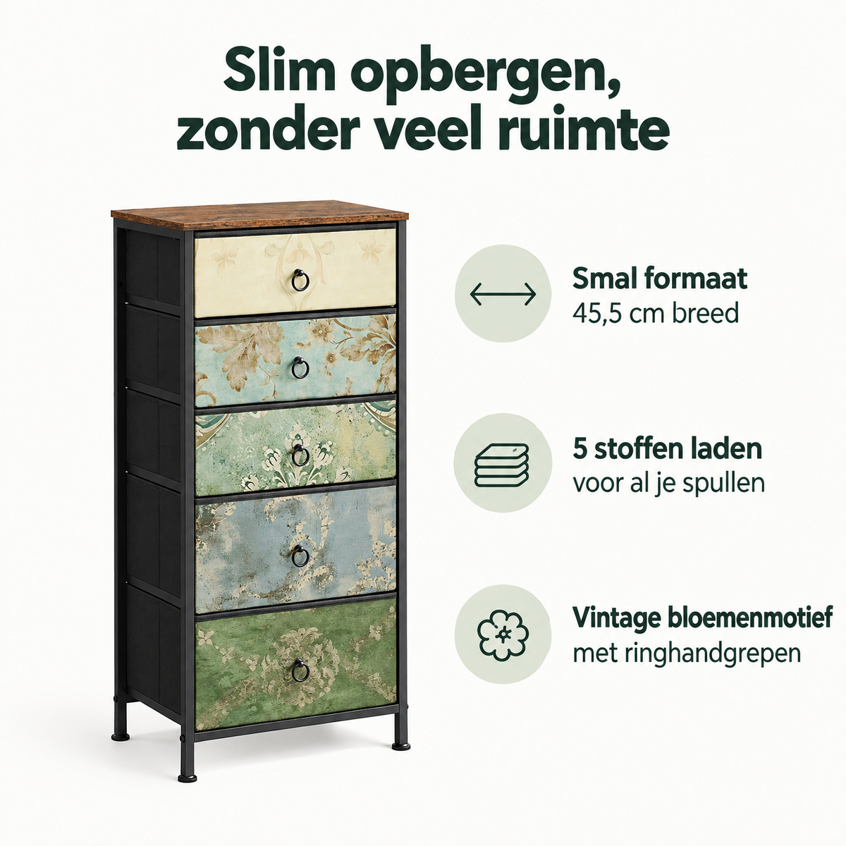 Smalle BukkitBow ladekast met 5 stoffen laden en vintage bloemenmotief, breedte 45,5 cm, geschikt voor opbergruimte.