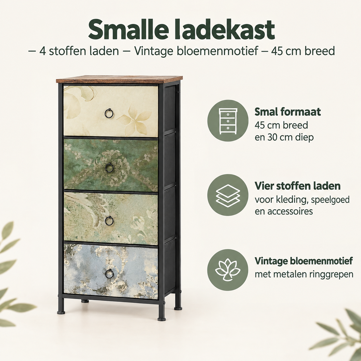 Smalle BukkitBow ladekast met vier stoffen laden en vintage bloemenmotief, 45 cm breed, perfect voor kleine opbergruimte.