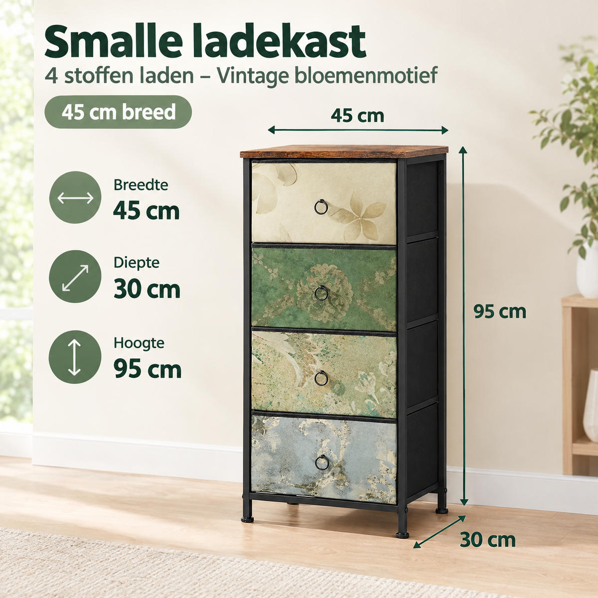 Smalle BukkitBow ladekast met vier stoffen laden en vintage bloemenmotief, breedte 45 cm, geschikt voor opbergruimte.