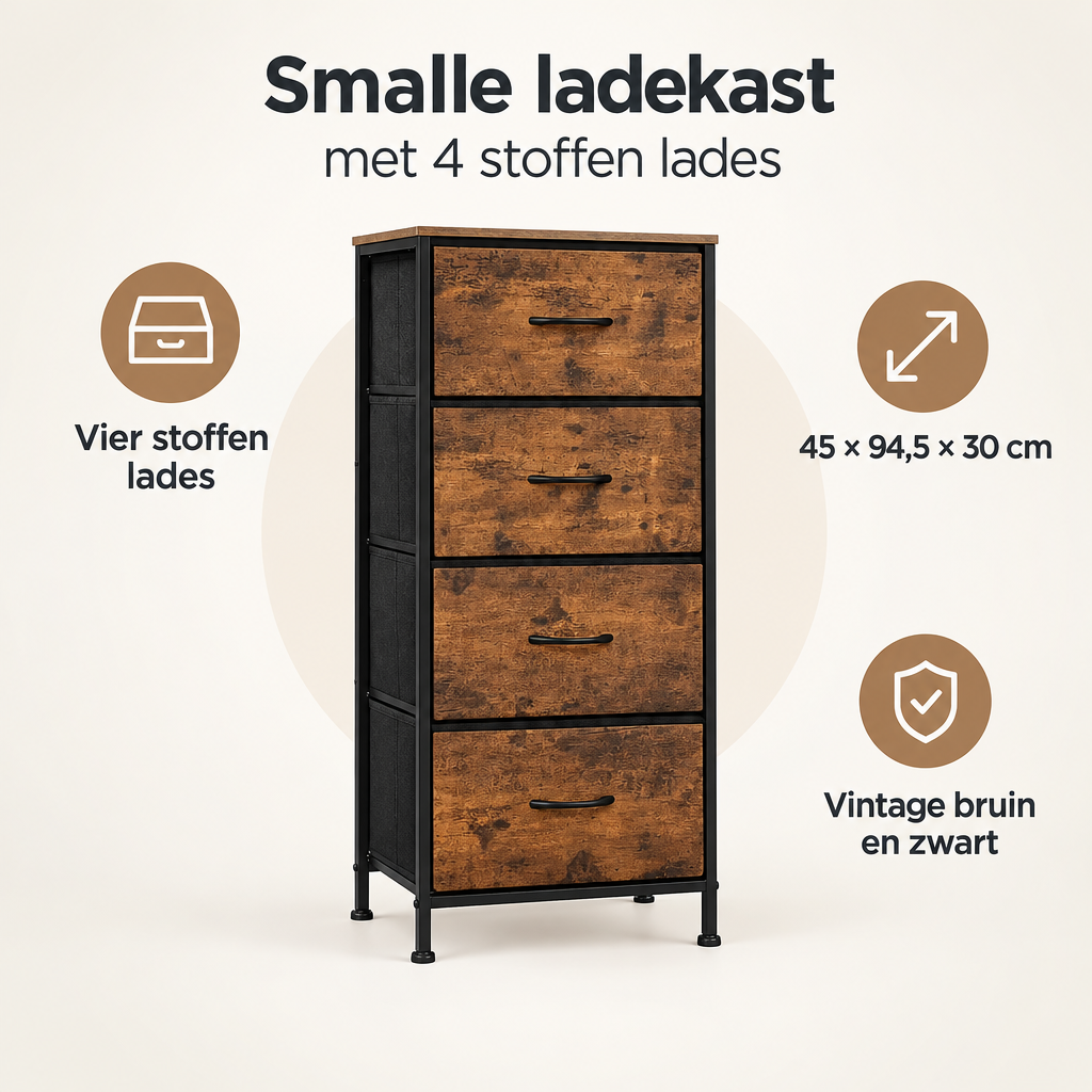 Overzicht van smalle ladekast met 4 stoffen lades met de belangrijkste productvoordelen
