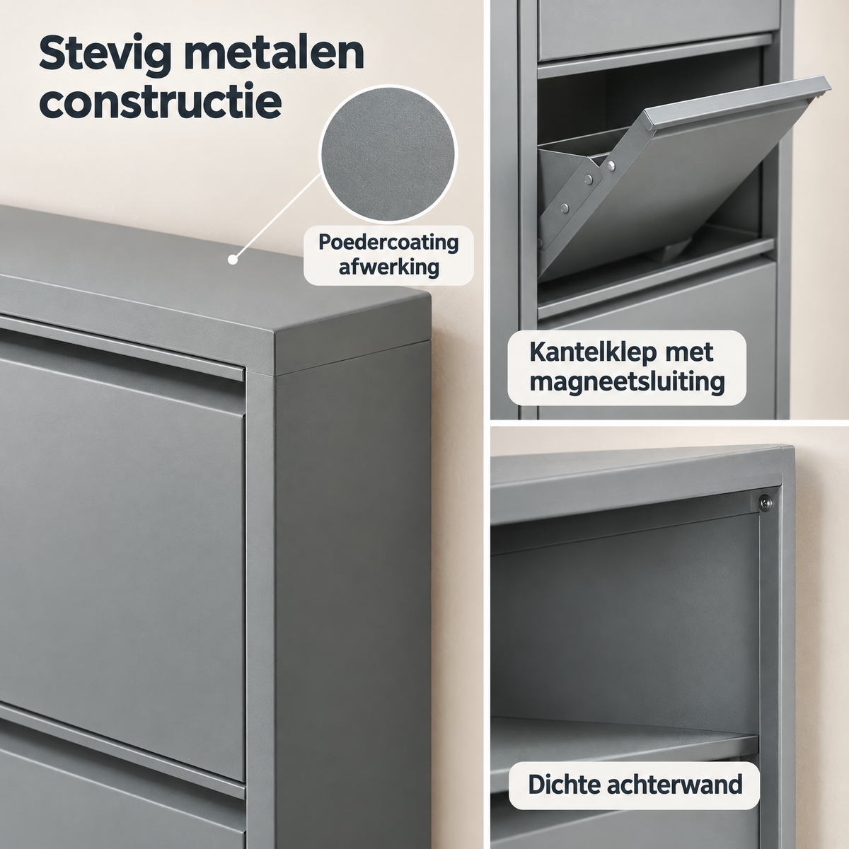 Detail van materiaal en afwerking van smalle metalen schoenenkast