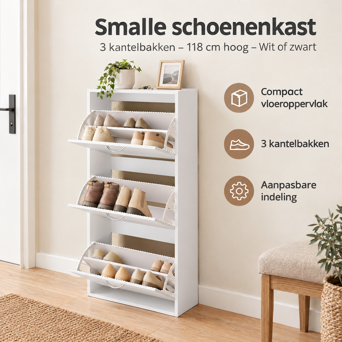 Praktische toepassing en keuzehulp voor smalle schoenenkast