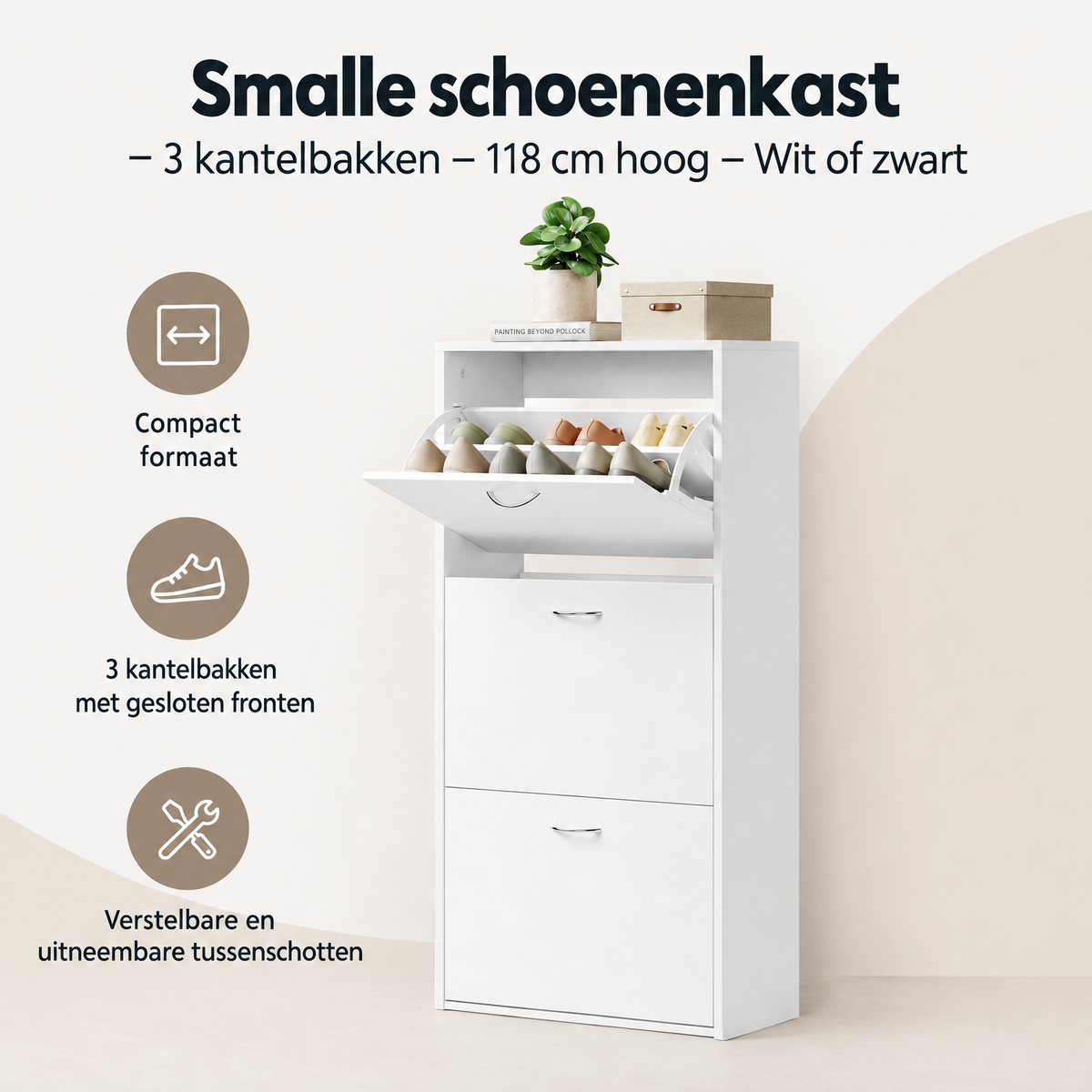 Overzicht van smalle schoenenkast met de belangrijkste productvoordelen
