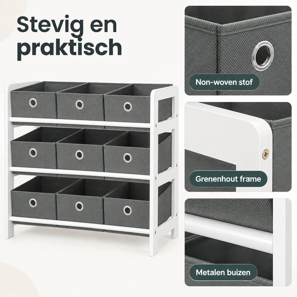 Detail van materiaal en afwerking van speelgoedkast met bakken