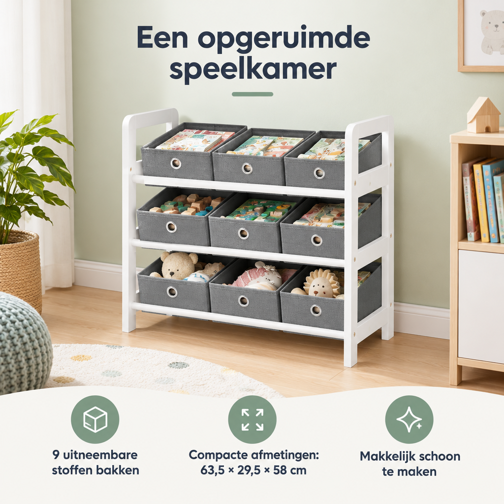 Praktische toepassing en keuzehulp voor speelgoedkast met bakken