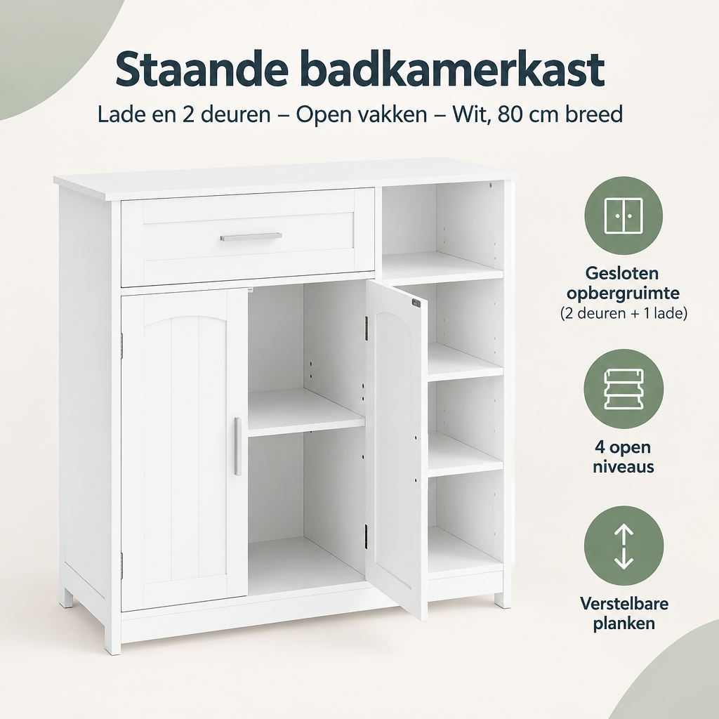 Overzicht van staande badkamerkast met de belangrijkste productvoordelen