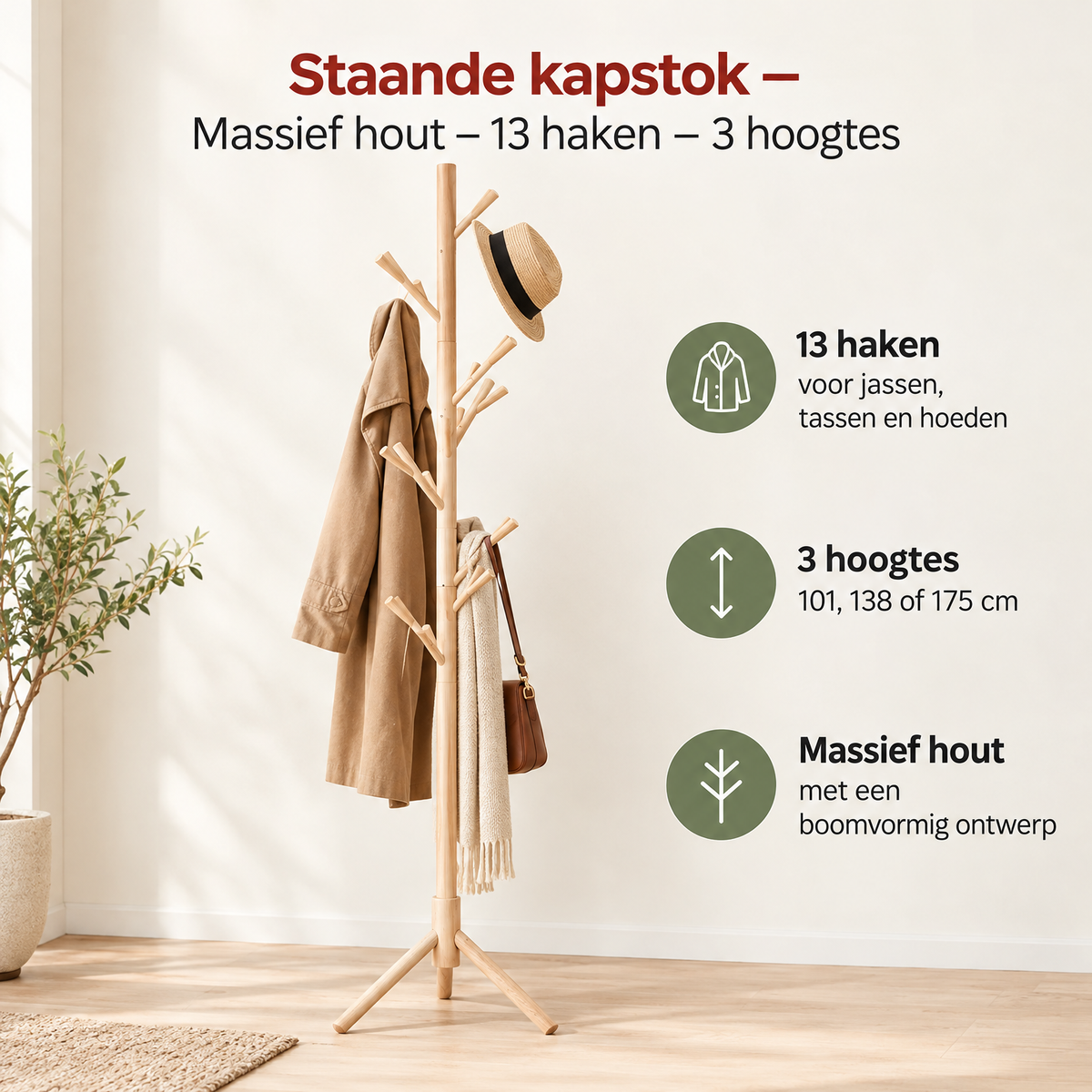 Massieve houten staande kapstok van BukkitBow met 13 haken en 3 hoogtes voor elegante garderobe opslag.