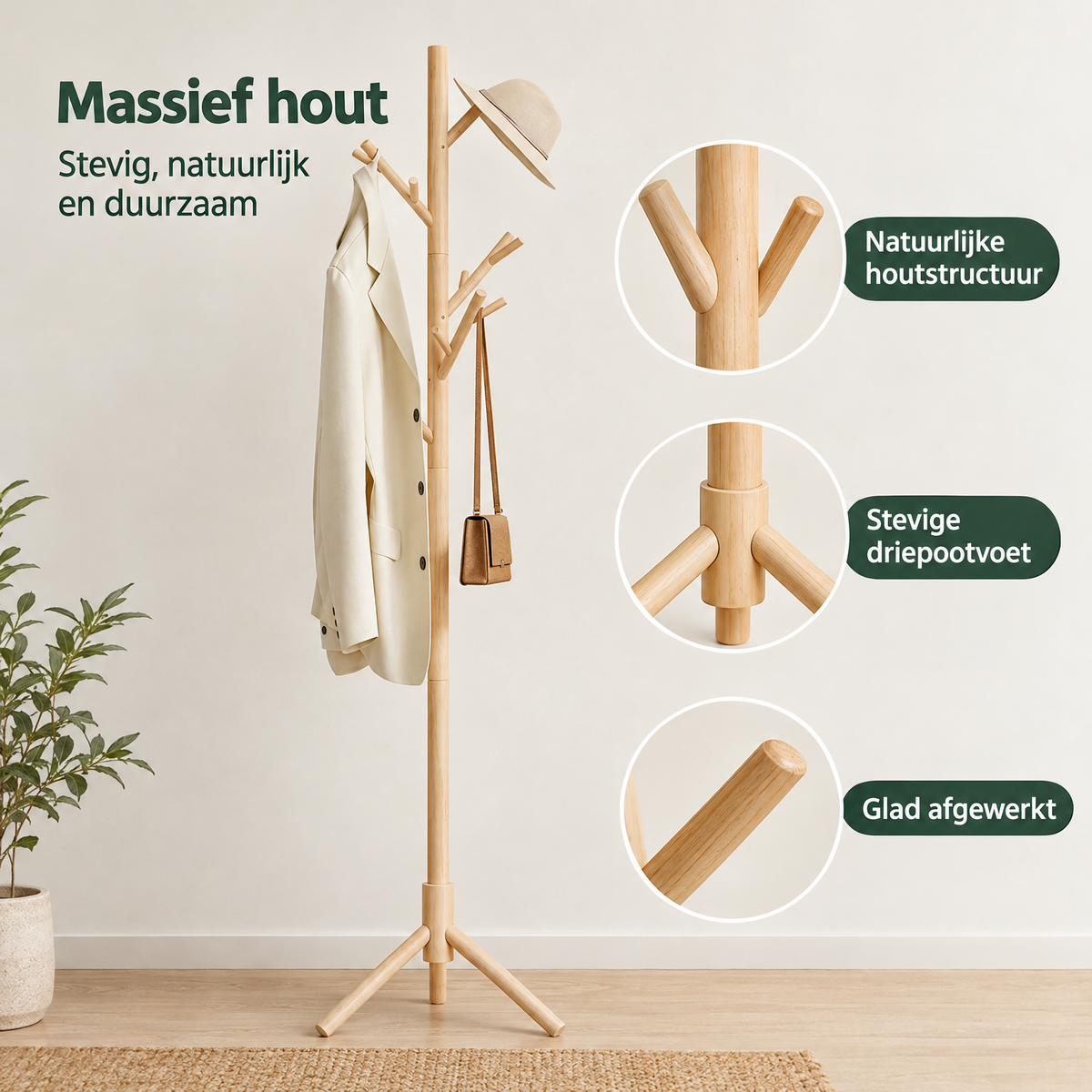 Massieve houten staande kapstok met 13 haken en 3 hoogtes, geschikt voor jassen en tassen, door BukkitBow.
