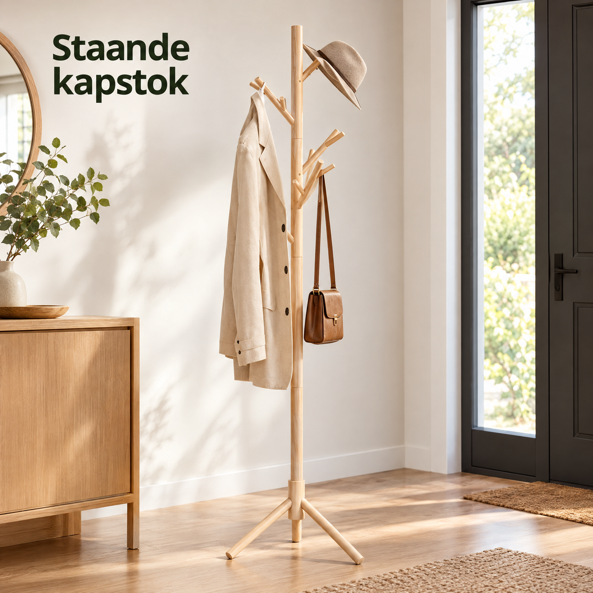 Houten staande kapstok met 13 haken en 3 hoogtes, geschikt voor jassen en accessoires, van BukkitBow.