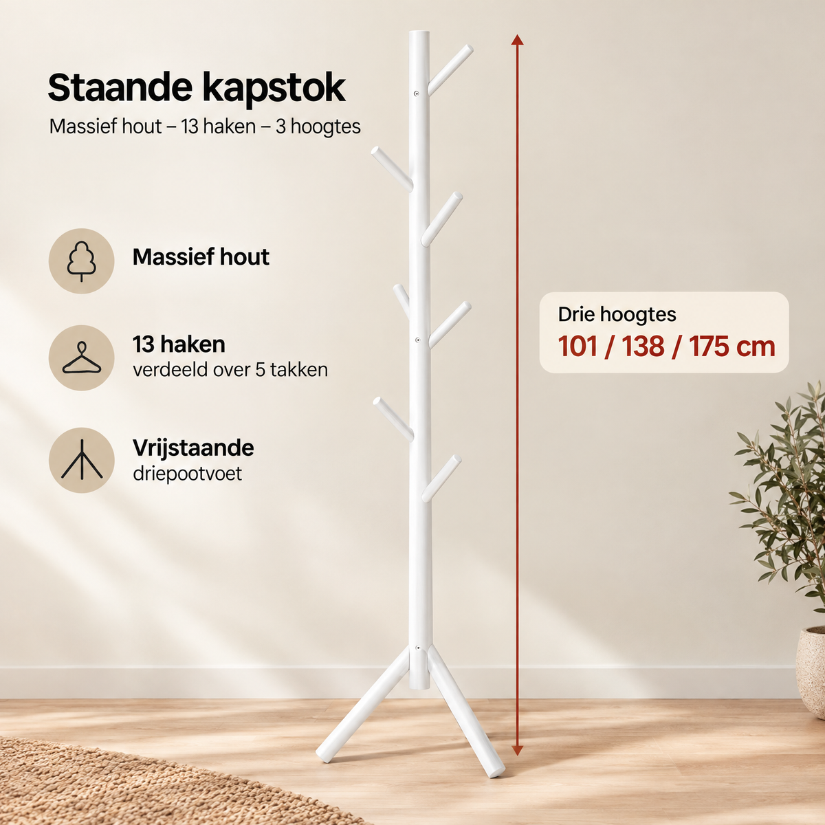 Massieve houten kapstok van BukkitBow met 13 haken en 3 hoogtes voor een praktische en stijlvolle opbergruimte.