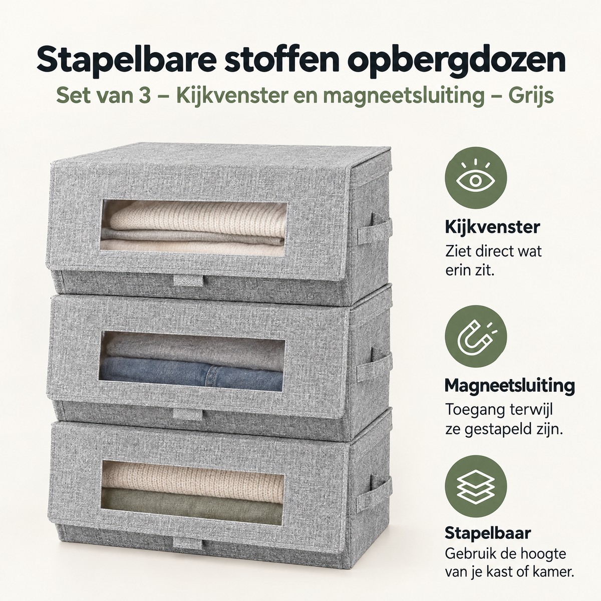 Set van 3 grijze stoffen opbergdozen van BukkitBow met kijkvenster en magneetsluiting, stapelbaar voor organisatie.