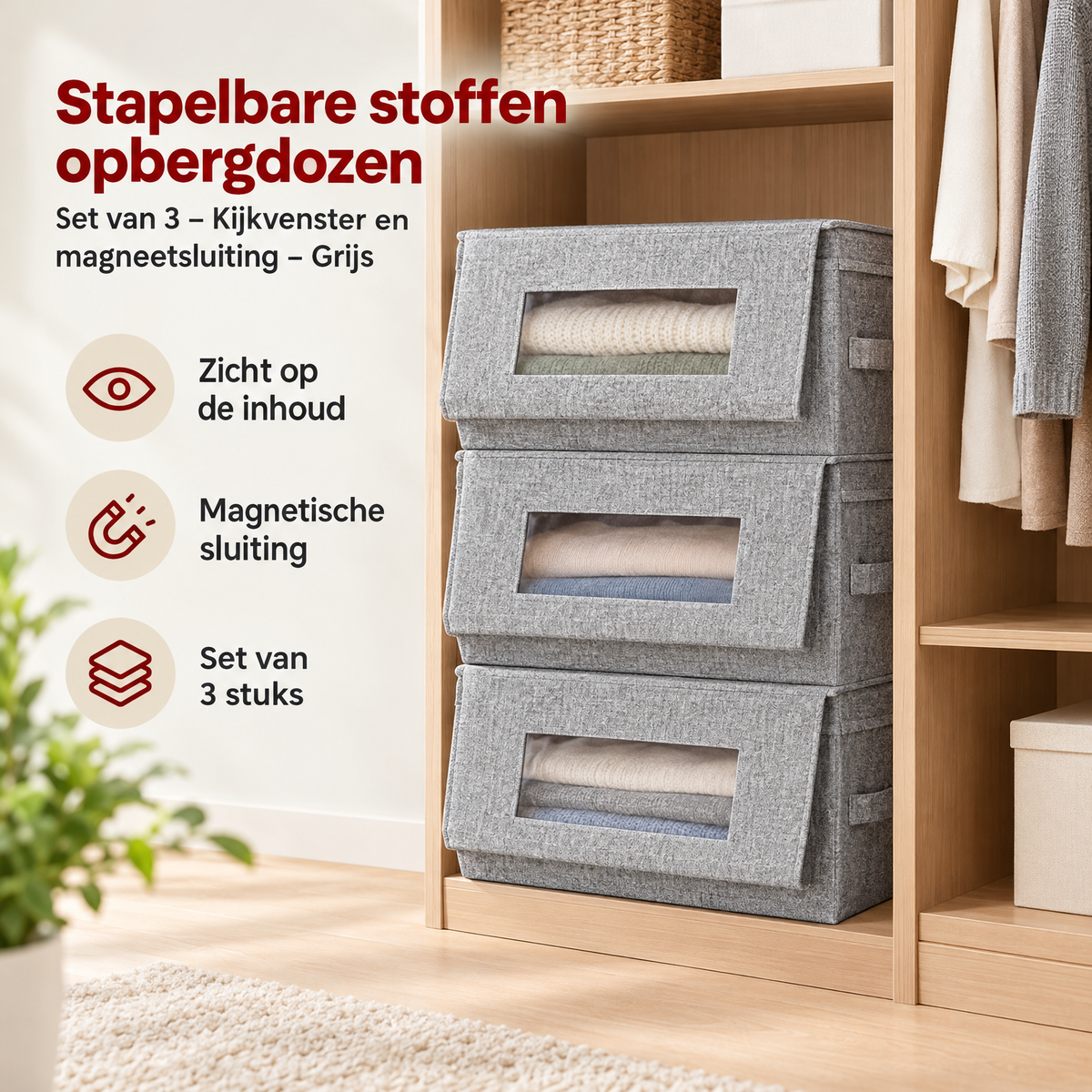 Set van 3 grijze stoffen opbergdozen van BukkitBow met kijkvenster, magneetsluiting en stapelbaar ontwerp voor praktische opslag.
