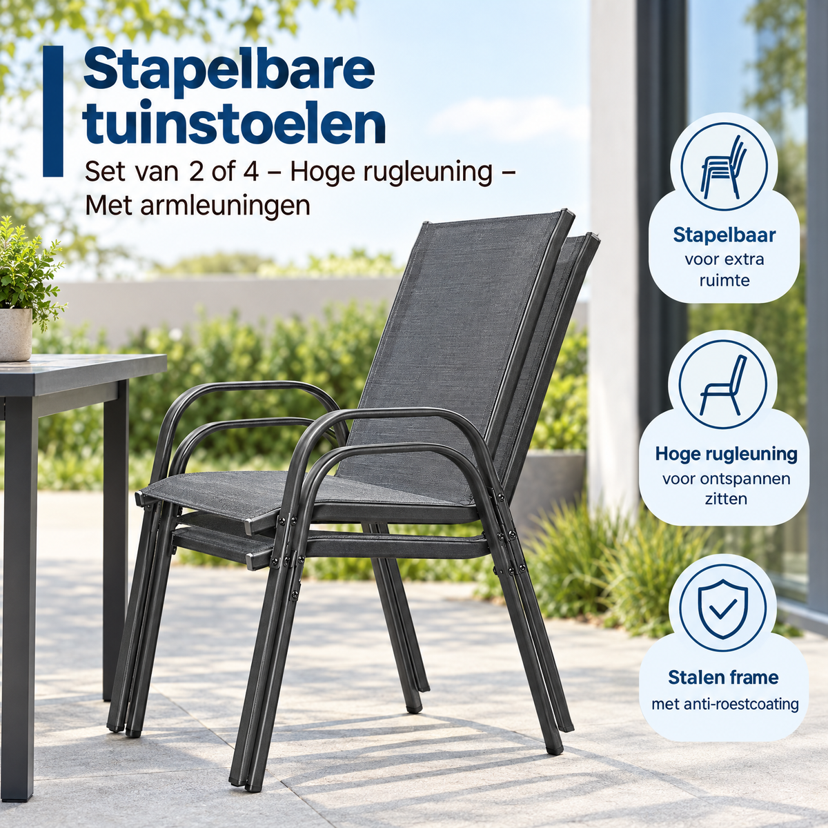 Set van 2 of 4 stapelbare BukkitBow tuinstoelen met hoge rugleuning en armleuningen, geschikt voor buitengebruik.