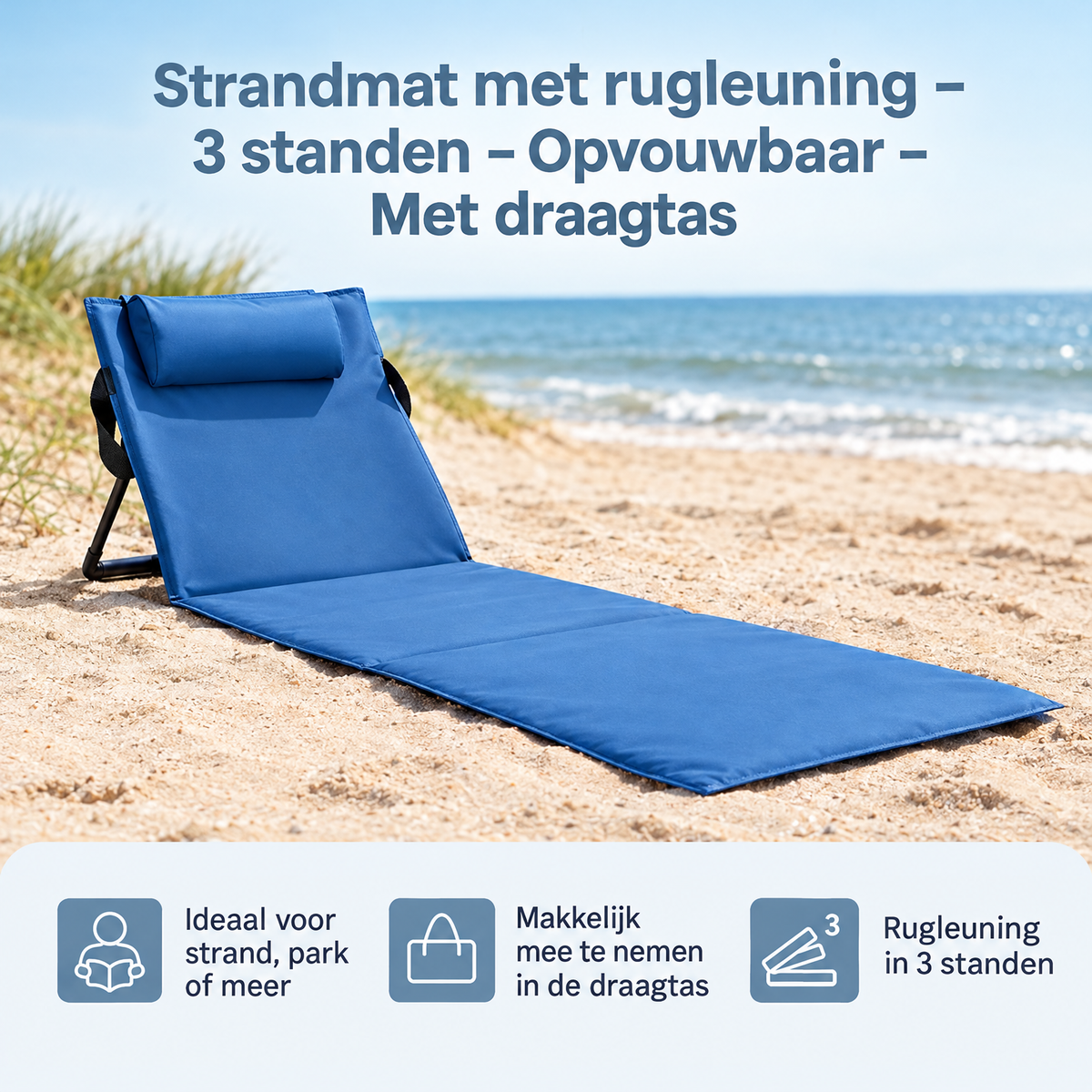 BukkitBow strandmat met rugleuning in 3 standen, opvouwbaar en inclusief draagtas, ideaal voor comfortabel strandgebruik