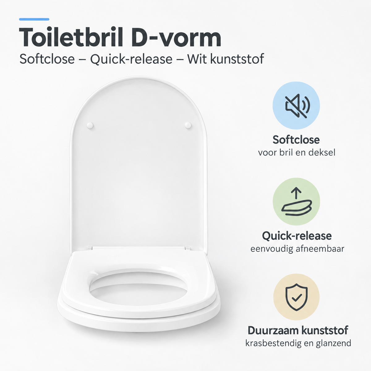 Witte D-vorm toiletbril van BukkitBow met softclose en quick-release functie, gemaakt van kunststof, voor comfortabel gebruik.