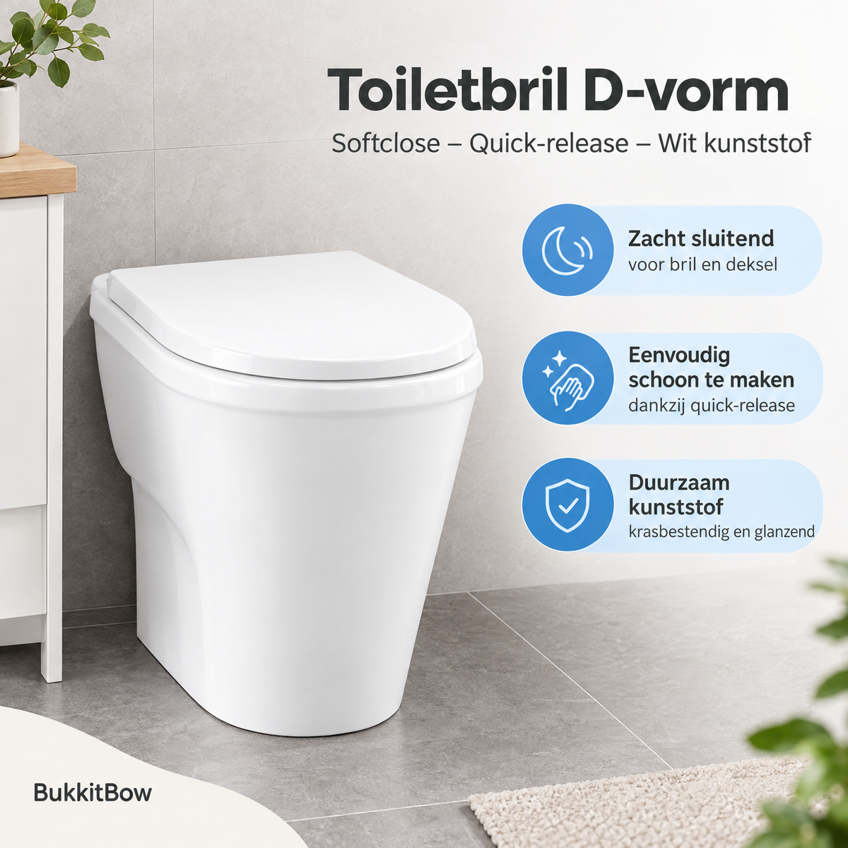 Witte toiletbril in D-vorm van BukkitBow, softclose, quick-release, kunststof voor comfortabel gebruik.