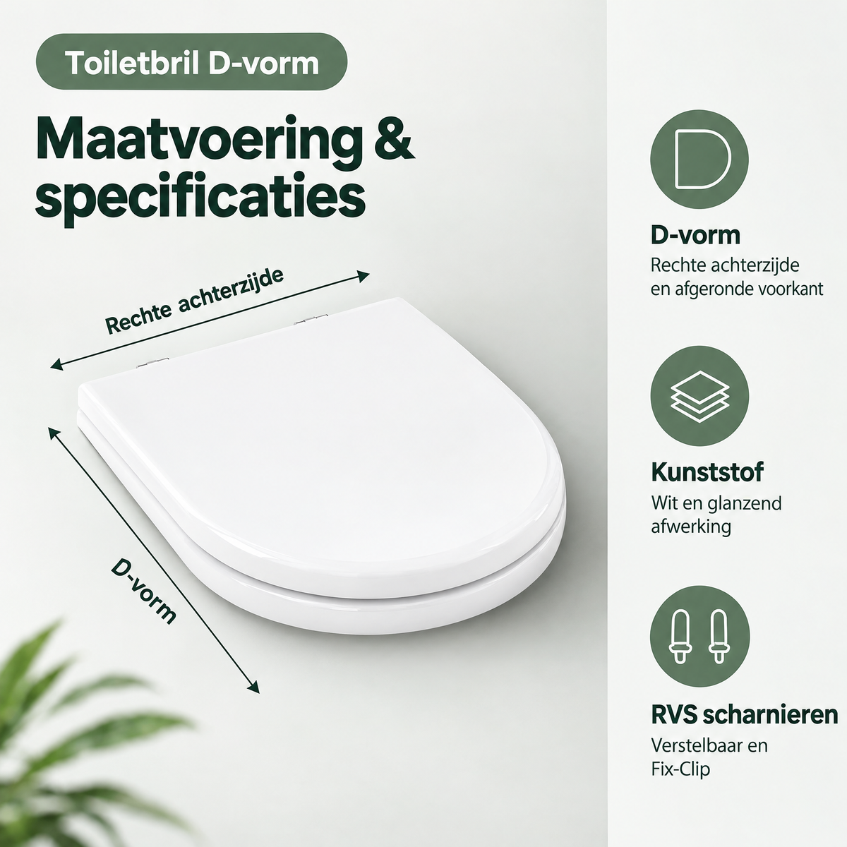 Witte toiletbril in D-vorm van BukkitBow, softclose, quick-release, gemaakt van kunststof, voor comfortabele en hygiënische gebruik.