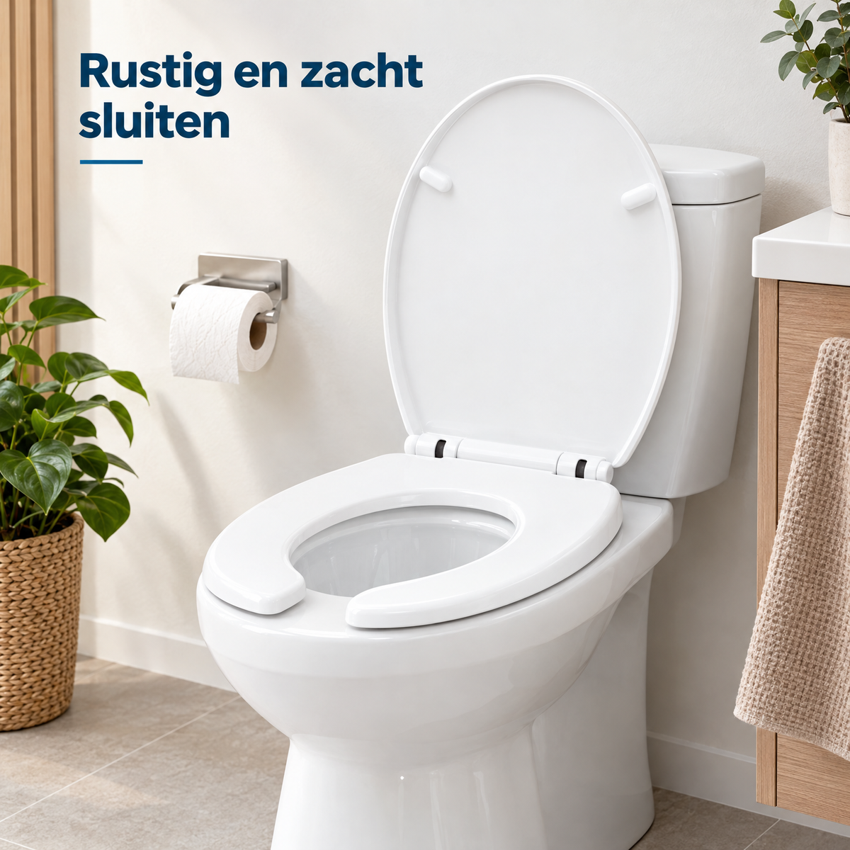 Witte kunststof toiletbril met softclose, U-vorm en afneembaar design van BukkitBow, geschikt voor comfortabel gebruik.
