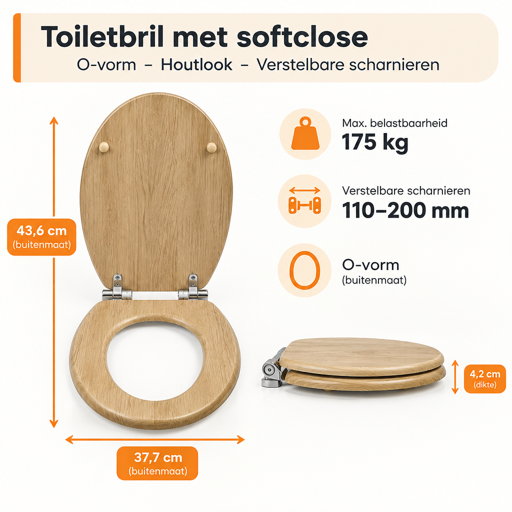 Afmetingen en productspecificaties van toiletbril met softclose