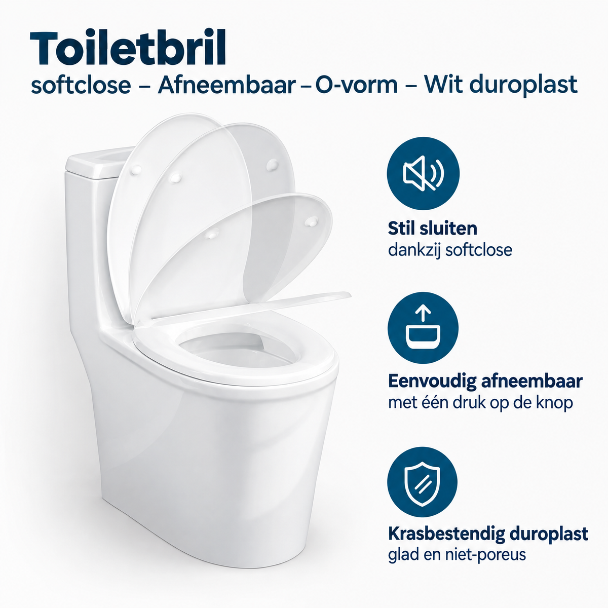 Witte softclose toiletbril van BukkitBow, afneembaar en O-vormig, gemaakt van duroplast voor comfort en duurzaamheid.