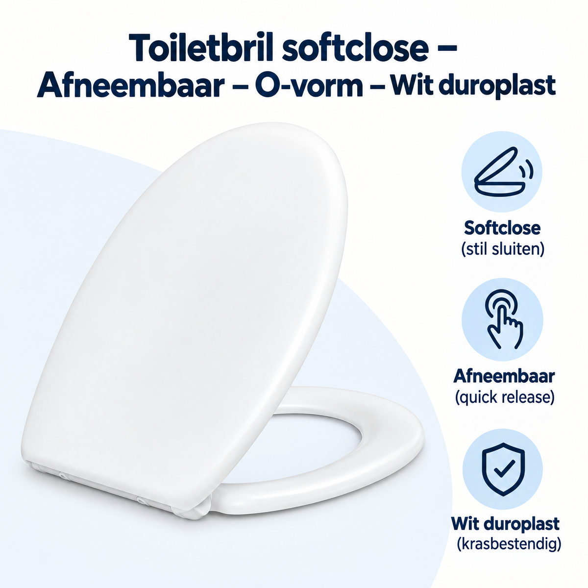 Witte BukkitBow softclose toiletbril met afneembaar O-vorm softclose deksel, gemaakt van duroplast, overzicht van kernvoordelen.
