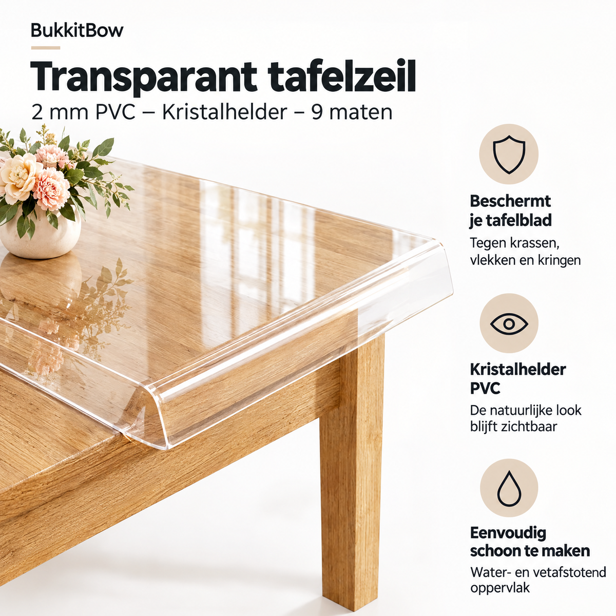 Transparant BukkitBow tafelzeil van 2 mm PVC, kristalhelder, geschikt voor diverse tafelafmetingen, zichtbaar op de afbeelding.