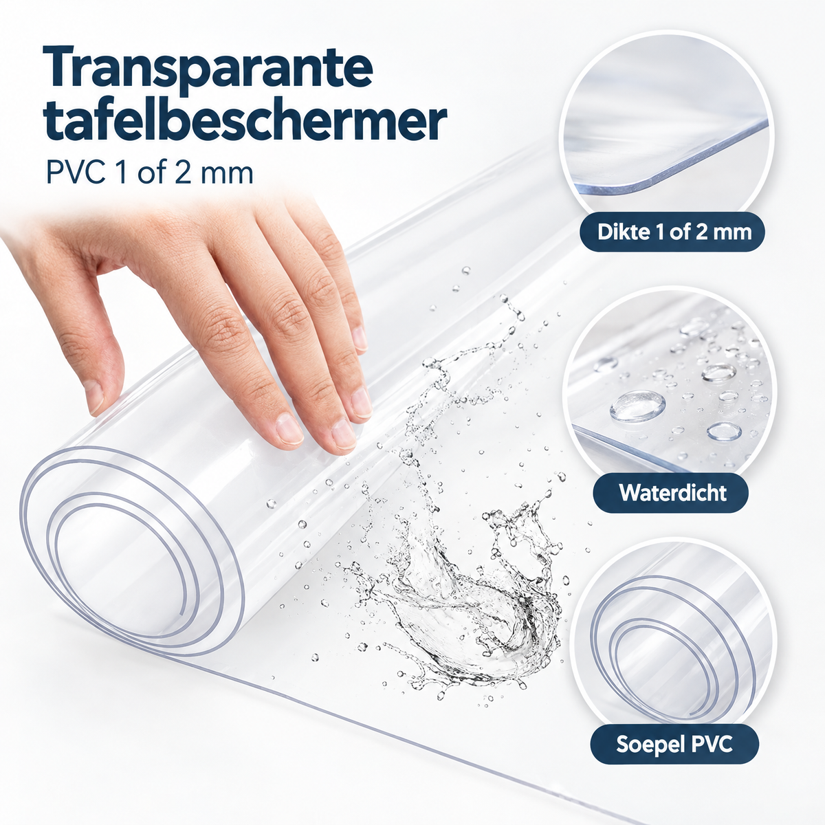 Detail van materiaal en afwerking van transparante tafelbeschermer