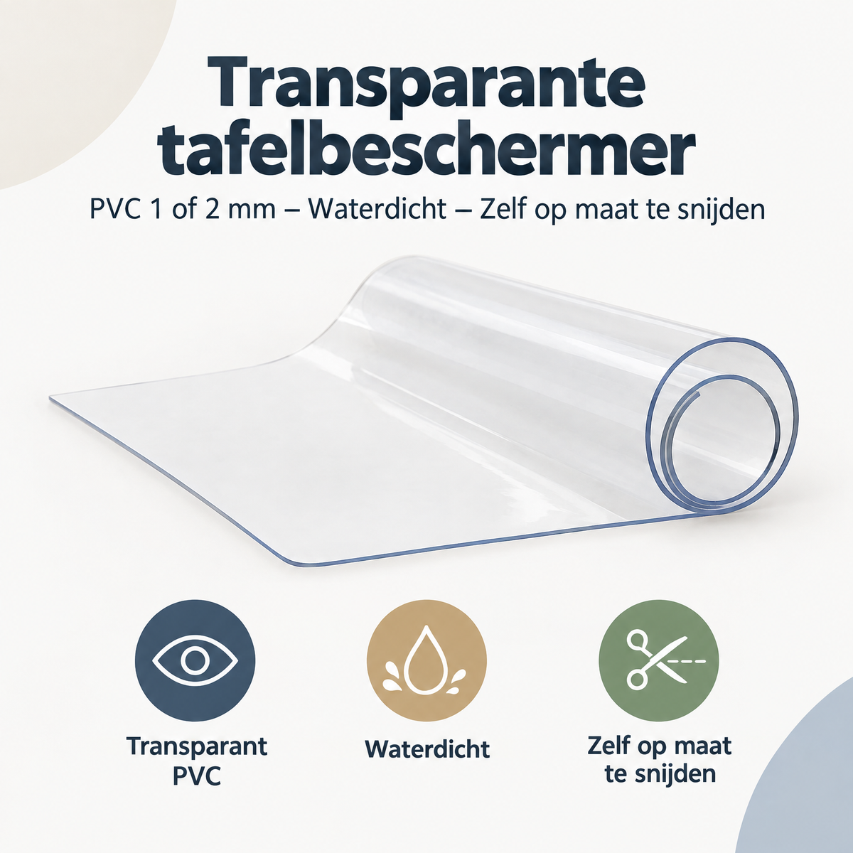 Overzicht van transparante tafelbeschermer met de belangrijkste productvoordelen