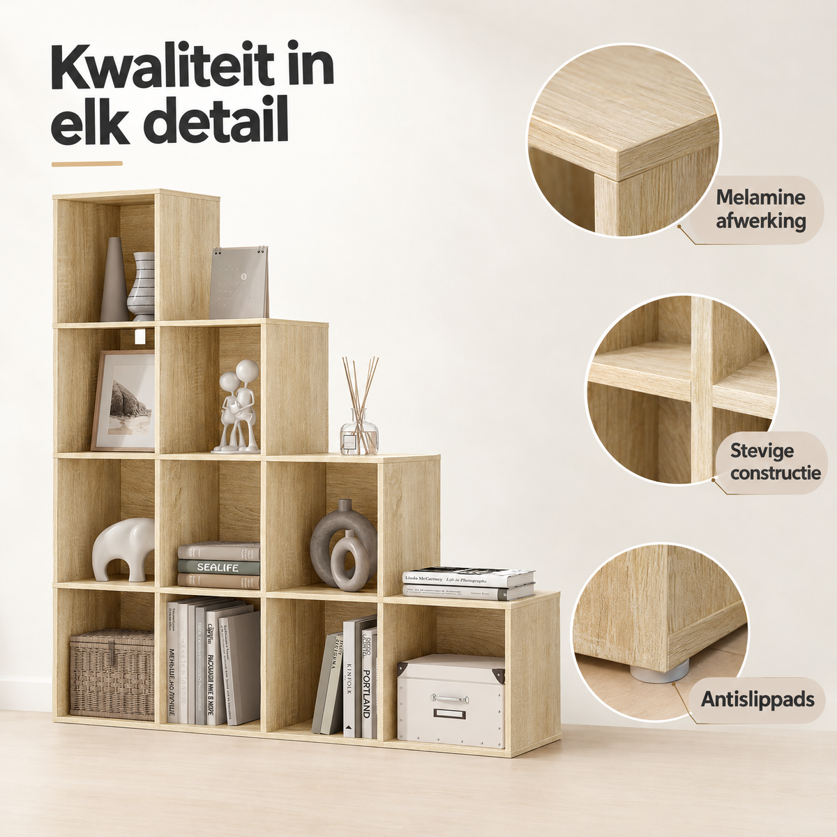 Detail van materiaal en afwerking van trapvormige boekenkast