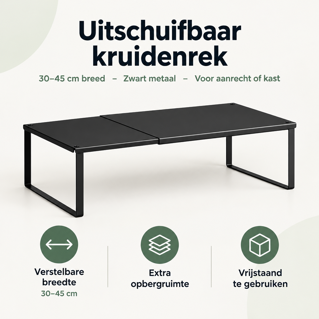 Overzicht van uitschuifbaar kruidenrek met de belangrijkste productvoordelen