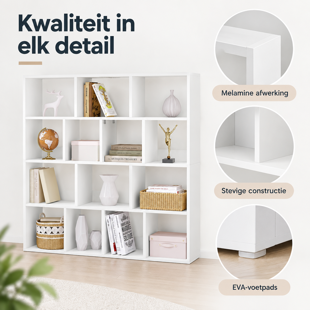 Detail van materiaal en afwerking van vakkenkast 14 vakken