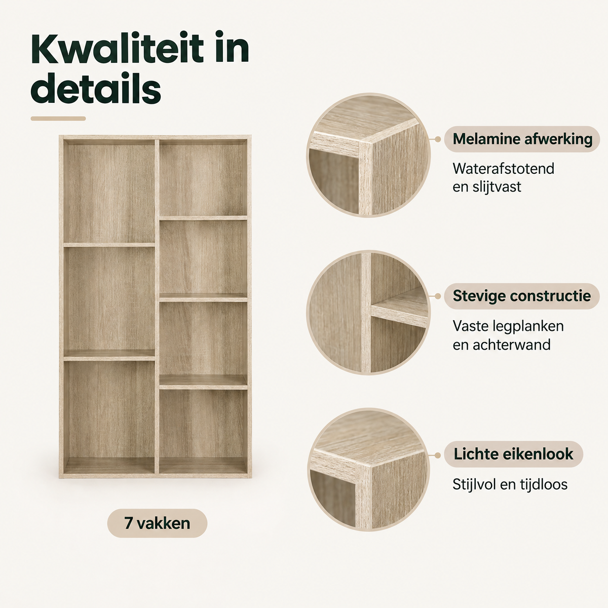 Detail van materiaal en afwerking van vakkenkast 7 vakken
