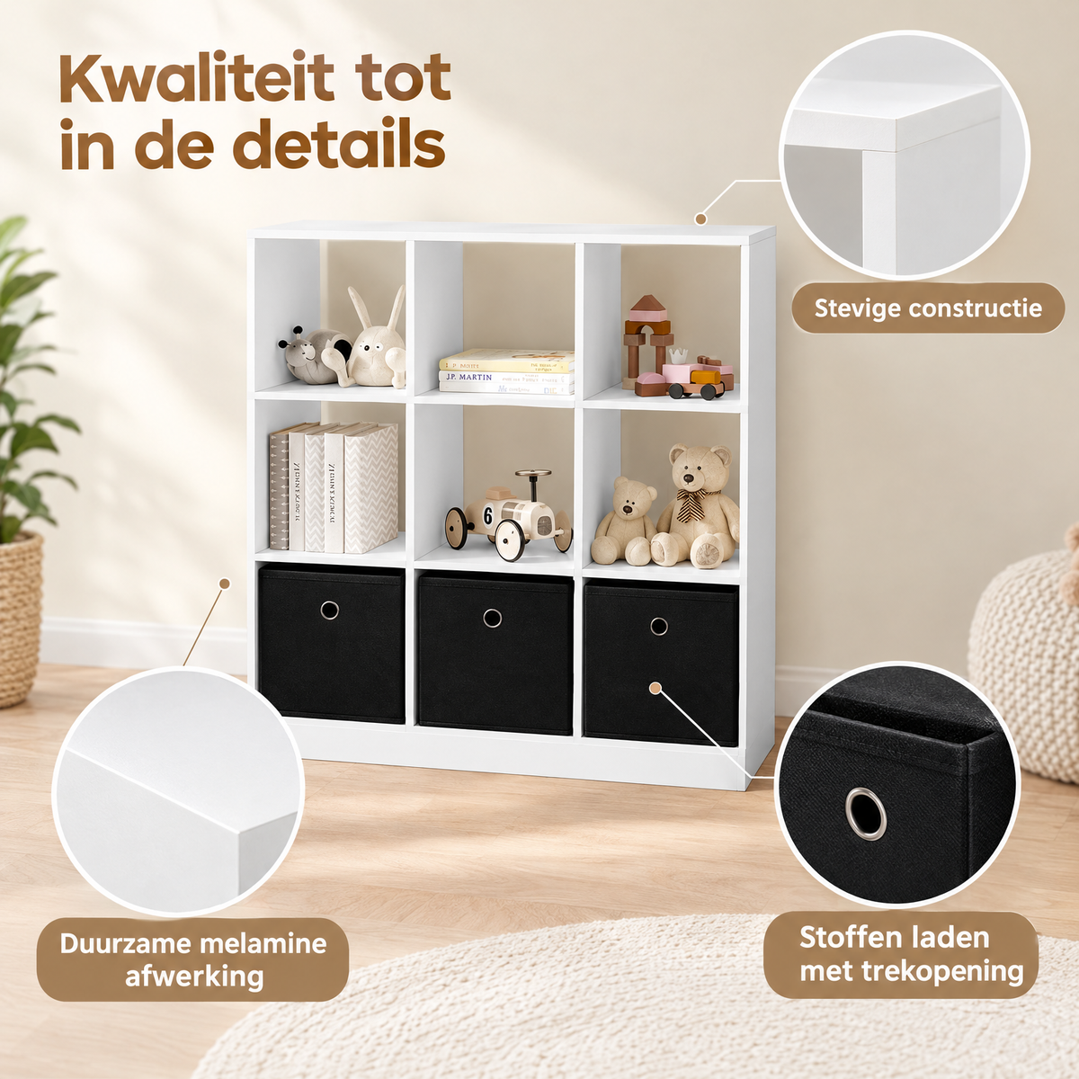 Detail van materiaal en afwerking van vakkenkast