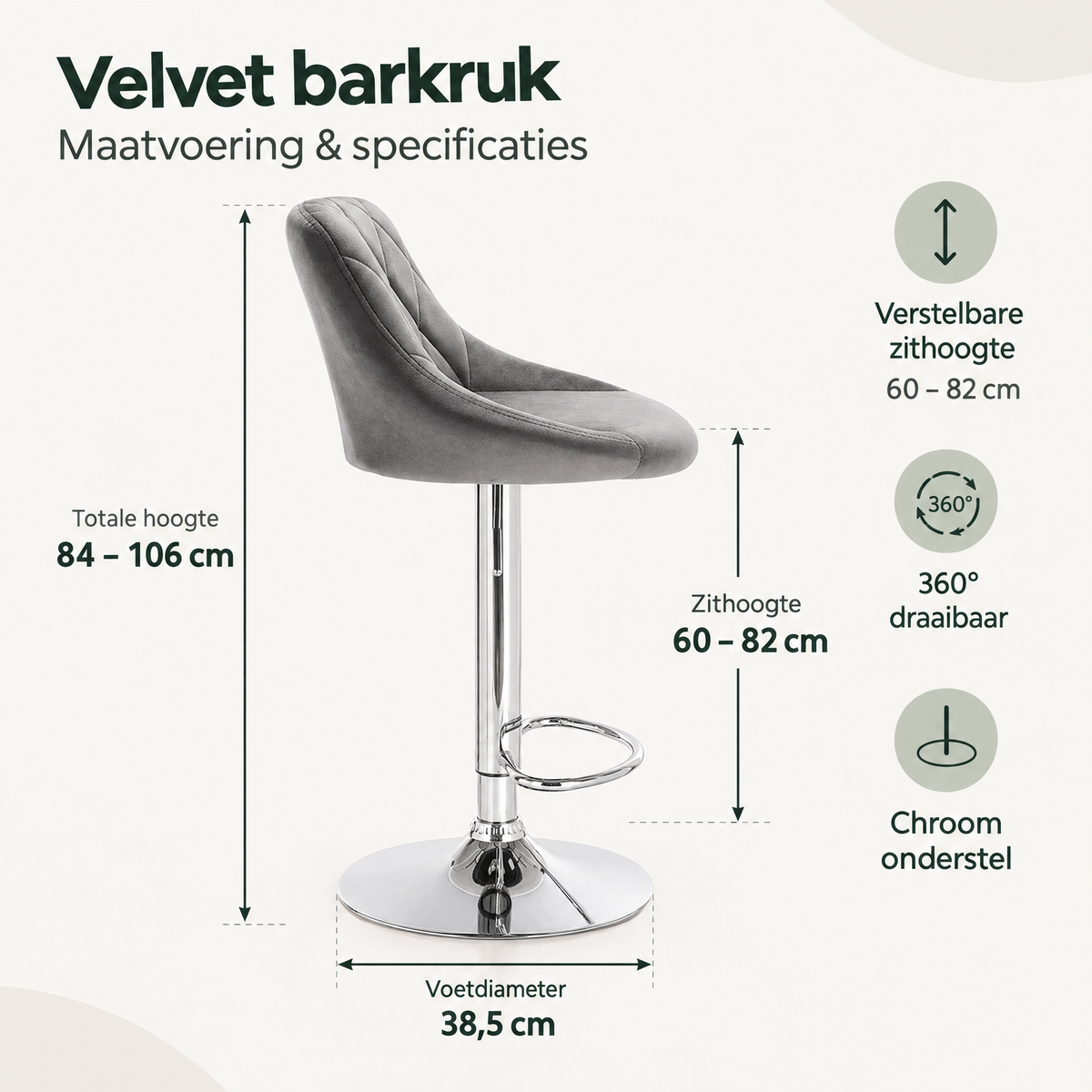 Afmetingen en productspecificaties van velvet barkruk