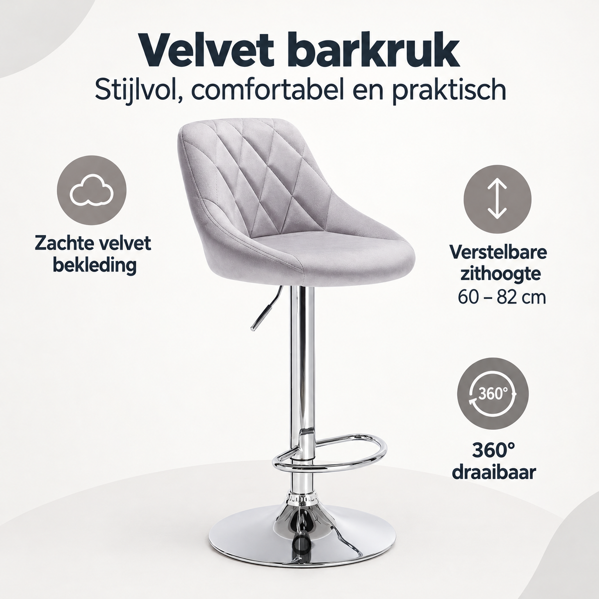 Overzicht van velvet barkruk met de belangrijkste productvoordelen