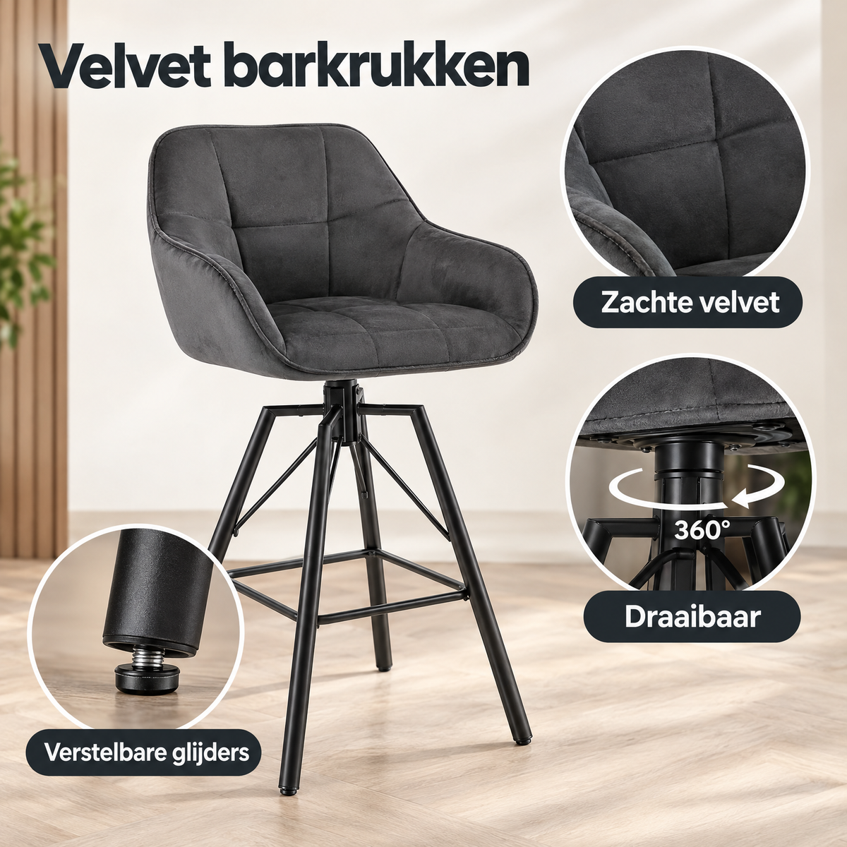 Detail van materiaal en afwerking van velvet barkrukken