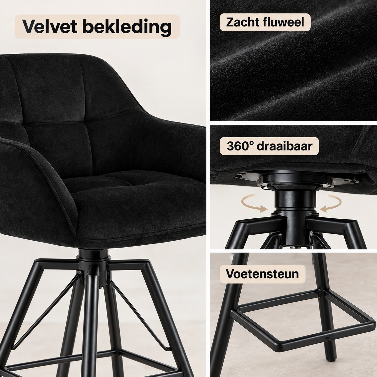 Detail van materiaal en afwerking van velvet barkrukken