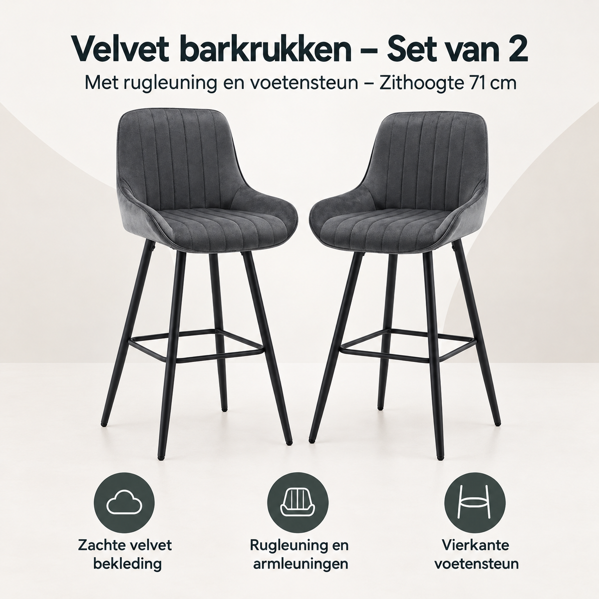 Overzicht van velvet barkrukken met de belangrijkste productvoordelen