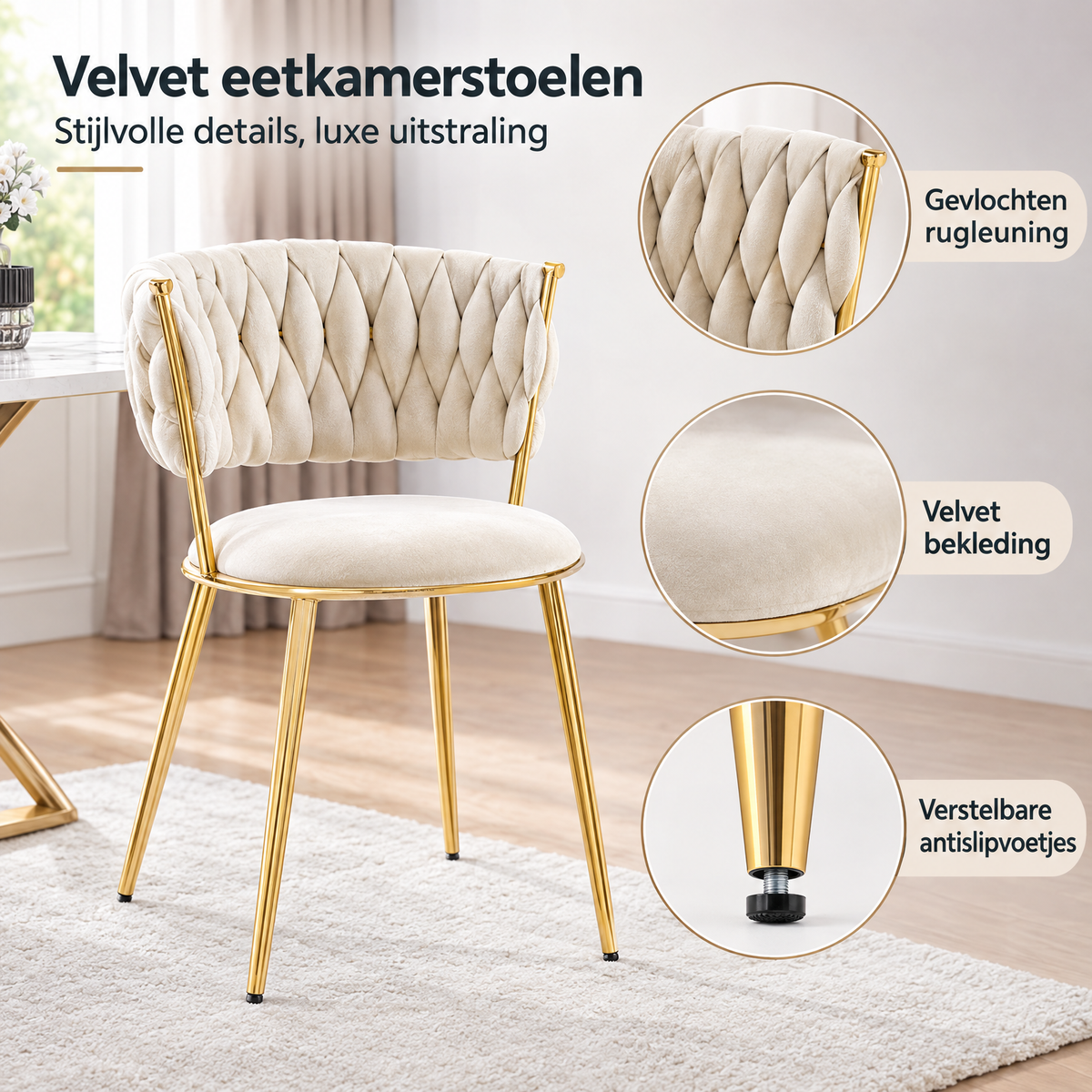 Detail van materiaal en afwerking van velvet eetkamerstoelen