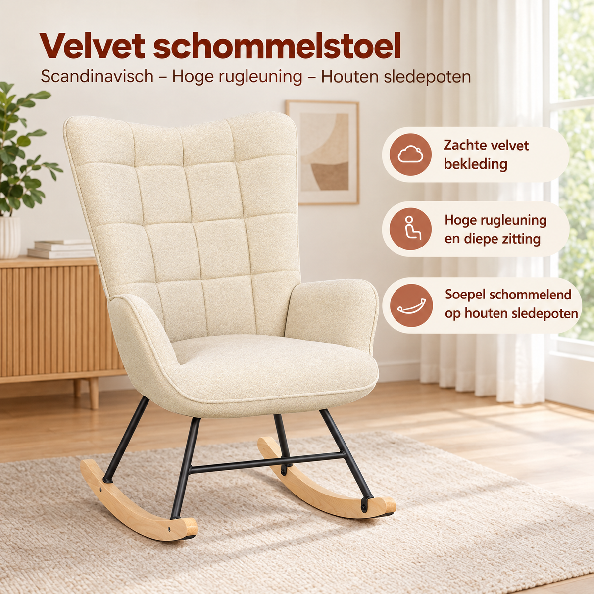 Velvet schommelstoel van BukkitBow met hoge rugleuning en houten sledepoten, Scandinavisch design, comfortabel en stijlvol.