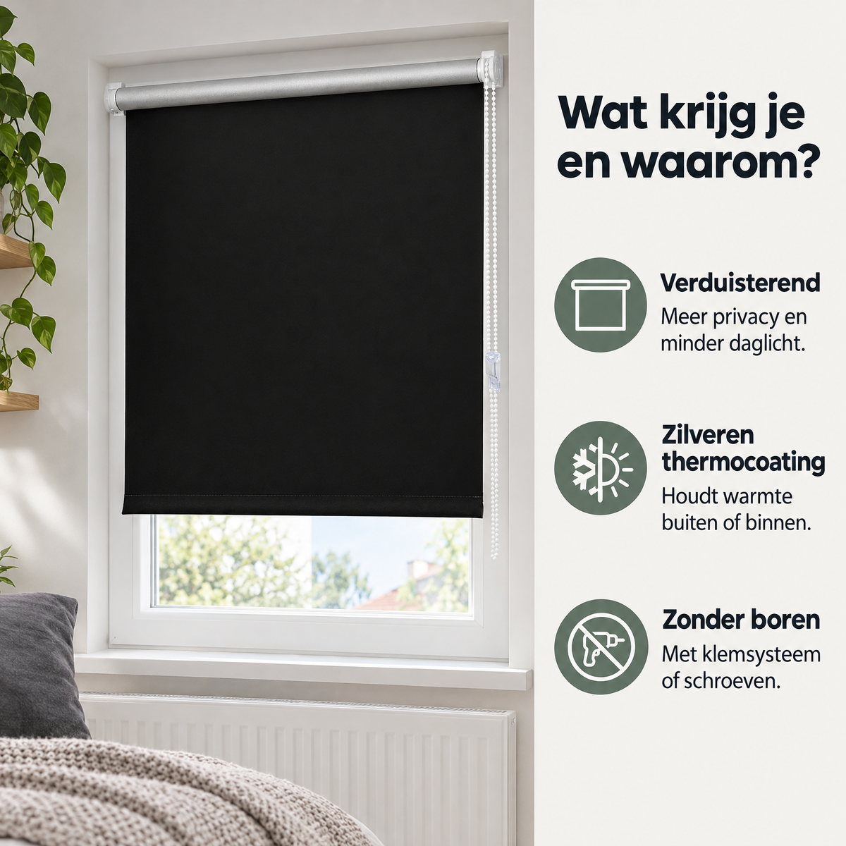 Zilveren verduisterend rolgordijn zonder boren van BukkitBow met thermocoating, ideaal voor donkerte en isolatie.