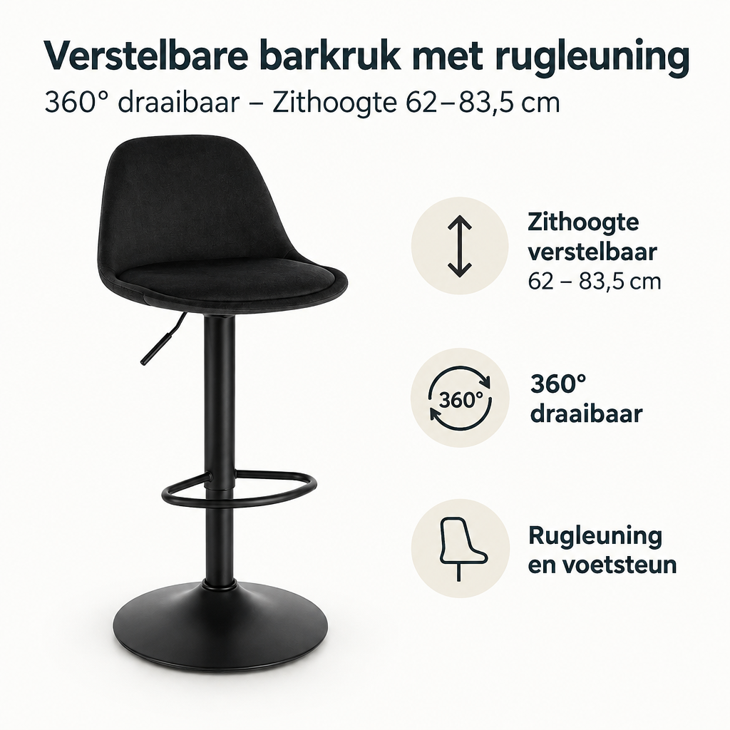 Verstelbare barkruk met rugleuning van BukkitBow, 360° draaibaar, zithoogte 62-83,5 cm, geschikt voor bar en keuken.