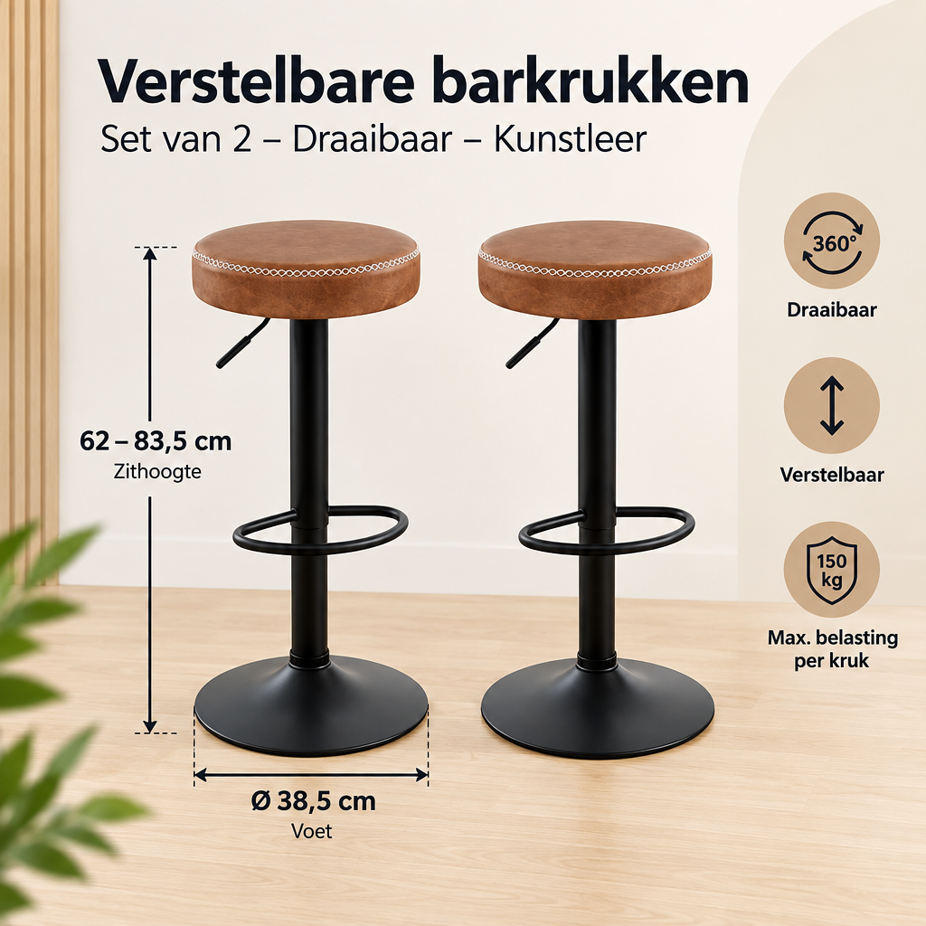 Afmetingen en productspecificaties van verstelbare barkrukken set van 2