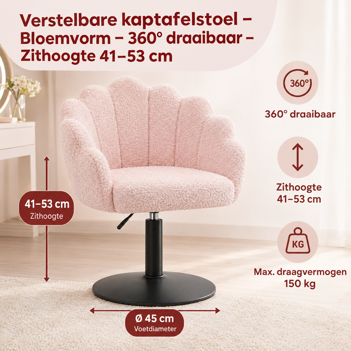Afmetingen en productspecificaties van verstelbare kaptafelstoel