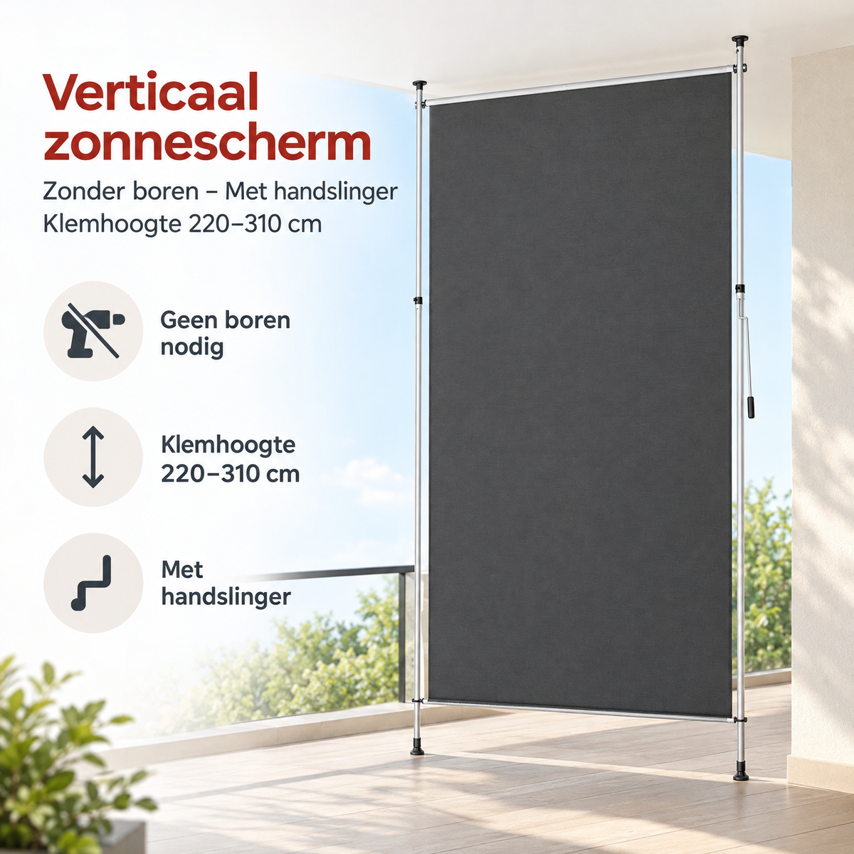 Belangrijkste voordelen en eigenschappen van verticaal zonnescherm zonder boren